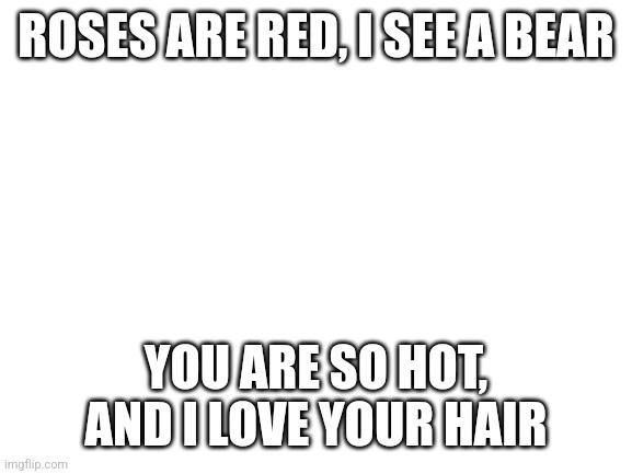 Blank White Template | ROSES ARE RED, I SEE A BEAR YOU ARE SO HOT, AND I LOVE YOUR HAIR | image tagged in blank white template | made w/ Imgflip meme maker