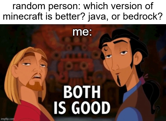 I was going to make this, when I saw another meme with a similar caption. :P | random person: which version of minecraft is better? java, or bedrock? me: | image tagged in both is good,minecraft,java,bedrock,minecraft memes | made w/ Imgflip meme maker