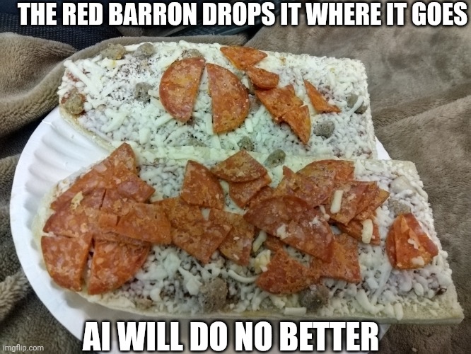 Because You Don't Want To Make A Frozen Pizza | THE RED BARRON DROPS IT WHERE IT GOES; AI WILL DO NO BETTER | image tagged in this is the machine age,humans,eyeball the situation | made w/ Imgflip meme maker