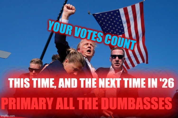 2026: Primary All The Lifelong Politicians | YOUR VOTES COUNT; THIS TIME, AND THE NEXT TIME IN '26; PRIMARY ALL THE DUMBASSES | image tagged in donald j trump man of steel,fight fight fight,temp job | made w/ Imgflip meme maker