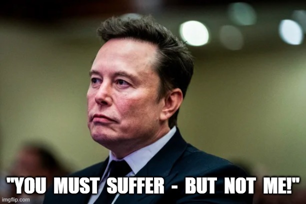 The Man Behind the Curtain | "YOU  MUST  SUFFER  -  BUT  NOT  ME!" | image tagged in elon musk | made w/ Imgflip meme maker
