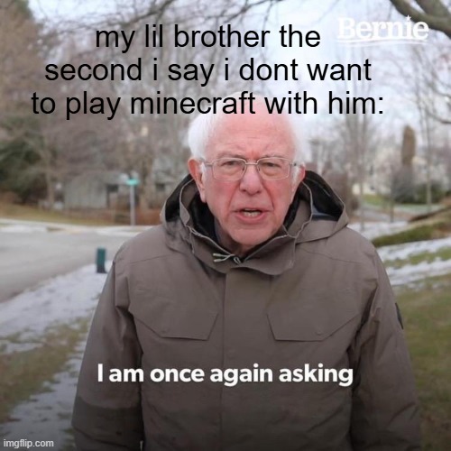 Bernie I Am Once Again Asking For Your Support | my lil brother the second i say i dont want to play minecraft with him: | image tagged in memes,bernie i am once again asking for your support | made w/ Imgflip meme maker