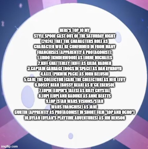 Moonlight in Kinderwood on the List | HERE'S TOP 10 MY STYLE SPOOF CAST OUT OF THE SATURDAY NIGHT (2024) THAT THE CHARACTERS ROLE AS CHARACTER WILL BE CONFIRMED IN FROM MANY FRANCHISES (APPARENTLY A PROTAGONIST):
1.LIDDO (KINDERWOOD) AS LORNE MICHAELS
2.KIFF CHATTERLEY (KIFF) AS GILDA RADNER
3.CAPTAIN GARBAGE (DOGS IN SPACE) AS DAN AYKROYD
4.AXEL (PIKWIK PACK) AS JOHN BELUSHI
5.CARL THE COLLECTOR (CARL THE COLLECTOR) AS NEIL LEVY
6.BOSSY BEAR (BOSSY BEAR) AS D*CK EBERSOL
7.LUPIN (LUPIN'S TALES) AS BILLY CRYSTAL
8.LUPI (LUPI AND BADUKI) AS ANNE BEATTS
9.LOP (STAR WARS VISIONS/STAR WARS FRANCHISE) AS JANE 
CURTIN (APPRENTLY AS PROTAGONIST IN SHORT FILM "LOP AND OCHO")
10.DYLAN (DYLAN'S PLAYTIME ADVENTURES) AS JIM HENSON | image tagged in moonlight in kinderwood on the list,saturday night,meme,spoof cast,list,characters | made w/ Imgflip meme maker