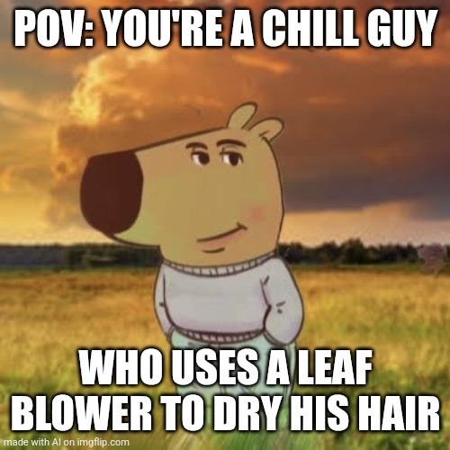 Chill guy | POV: YOU'RE A CHILL GUY; WHO USES A LEAF BLOWER TO DRY HIS HAIR | image tagged in chill guy | made w/ Imgflip meme maker