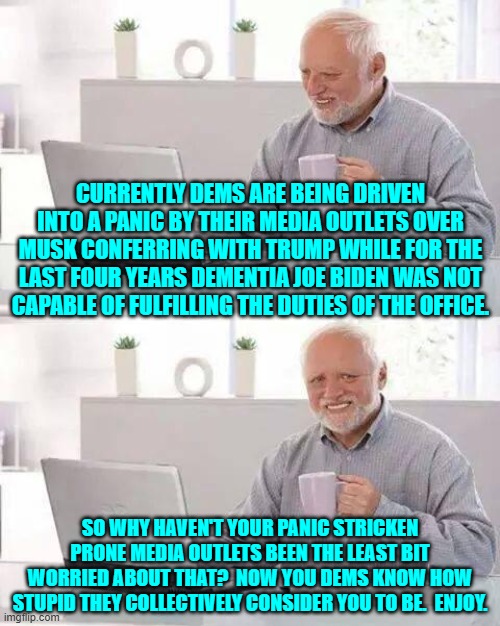 That's reality Dems.  I hope you ENJOY being considered stupid by your own media wonks. | CURRENTLY DEMS ARE BEING DRIVEN INTO A PANIC BY THEIR MEDIA OUTLETS OVER MUSK CONFERRING WITH TRUMP WHILE FOR THE LAST FOUR YEARS DEMENTIA JOE BIDEN WAS NOT CAPABLE OF FULFILLING THE DUTIES OF THE OFFICE. SO WHY HAVEN'T YOUR PANIC STRICKEN PRONE MEDIA OUTLETS BEEN THE LEAST BIT WORRIED ABOUT THAT?  NOW YOU DEMS KNOW HOW STUPID THEY COLLECTIVELY CONSIDER YOU TO BE.  ENJOY. | image tagged in hide the pain harold | made w/ Imgflip meme maker