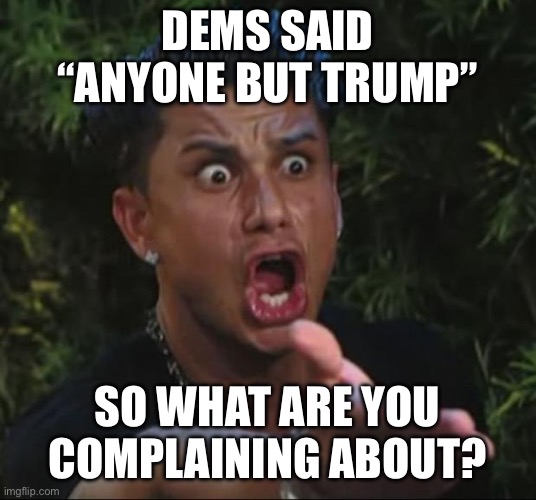 DJ Pauly D Meme | DEMS SAID “ANYONE BUT TRUMP” SO WHAT ARE YOU COMPLAINING ABOUT? | image tagged in memes,dj pauly d | made w/ Imgflip meme maker