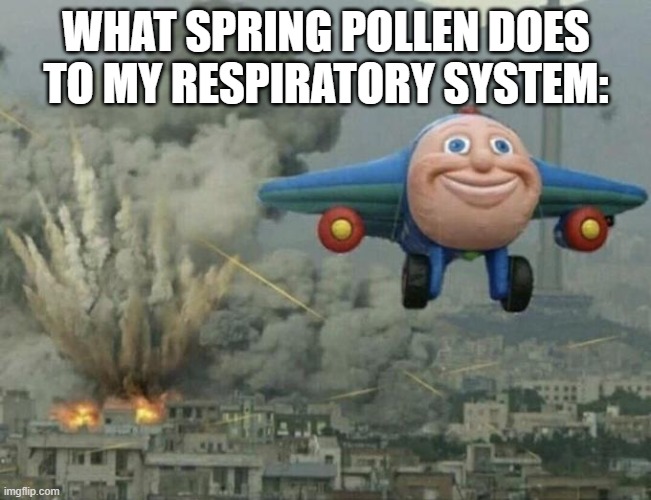 Ah hell no man | WHAT SPRING POLLEN DOES TO MY RESPIRATORY SYSTEM: | image tagged in plane flying from explosions | made w/ Imgflip meme maker