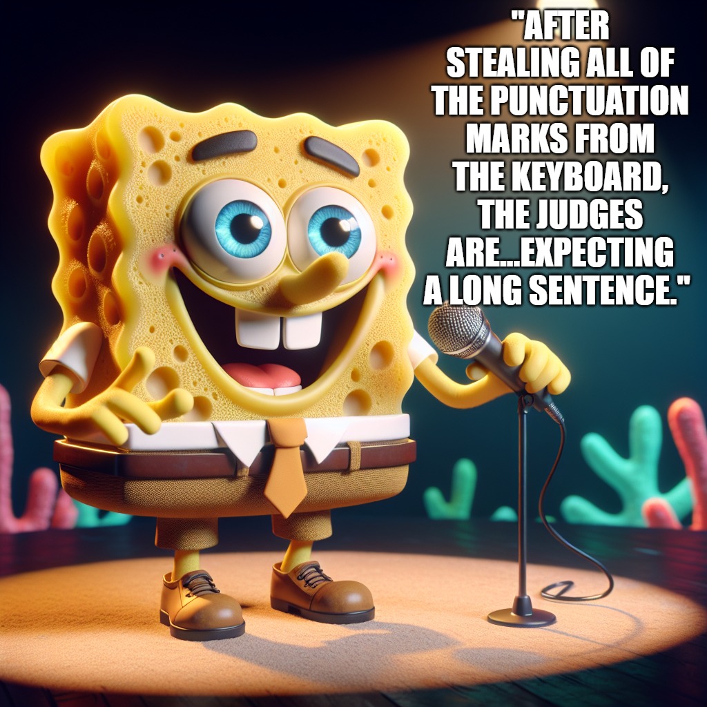 long sentence | "AFTER STEALING ALL OF THE PUNCTUATION MARKS FROM THE KEYBOARD, THE JUDGES ARE…EXPECTING A LONG SENTENCE." | image tagged in spongbob,kewlew | made w/ Imgflip meme maker