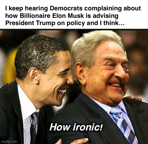 If it wasn’t for Double Standards, they would have No Standards at all | I keep hearing Democrats complaining about 
how Billionaire Elon Musk is advising 
President Trump on policy and I think…; How ironic! | image tagged in soros obama | made w/ Imgflip meme maker