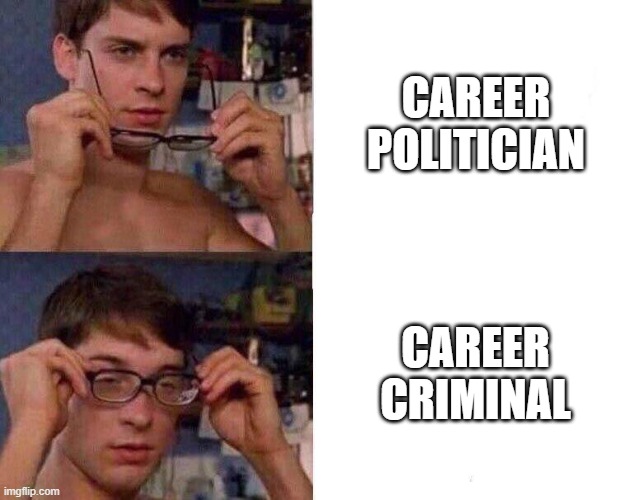 There's rarely a difference! | CAREER POLITICIAN; CAREER CRIMINAL | image tagged in spiderman glasses,memes,career politicians,criminals | made w/ Imgflip meme maker