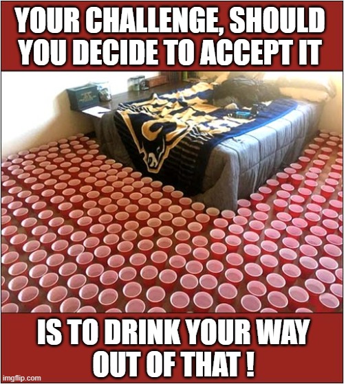 Mission Impossible ? | YOUR CHALLENGE, SHOULD
YOU DECIDE TO ACCEPT IT; IS TO DRINK YOUR WAY
OUT OF THAT ! | image tagged in pranks,bed,surrounded,water,cups,trapped | made w/ Imgflip meme maker