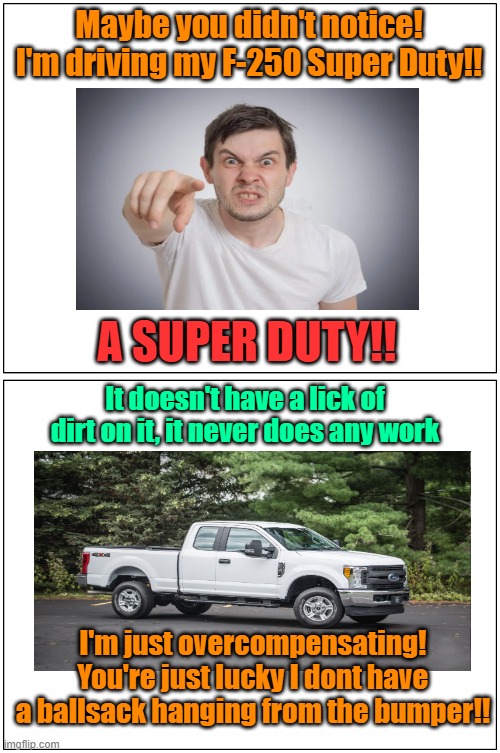 Just something that happened on the road | Maybe you didn't notice! I'm driving my F-250 Super Duty!! A SUPER DUTY!! It doesn't have a lick of dirt on it, it never does any work; I'm just overcompensating! You're just lucky I dont have a ballsack hanging from the bumper!! | image tagged in memes,ford,assholes | made w/ Imgflip meme maker