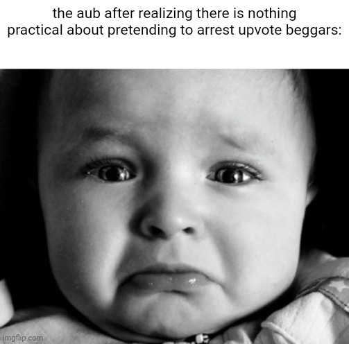 rip | the aub after realizing there is nothing practical about pretending to arrest upvote beggars: | image tagged in memes,sad baby | made w/ Imgflip meme maker