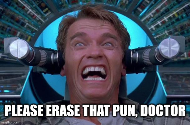 Arnie Total Recall | PLEASE ERASE THAT PUN, DOCTOR | image tagged in arnie total recall | made w/ Imgflip meme maker