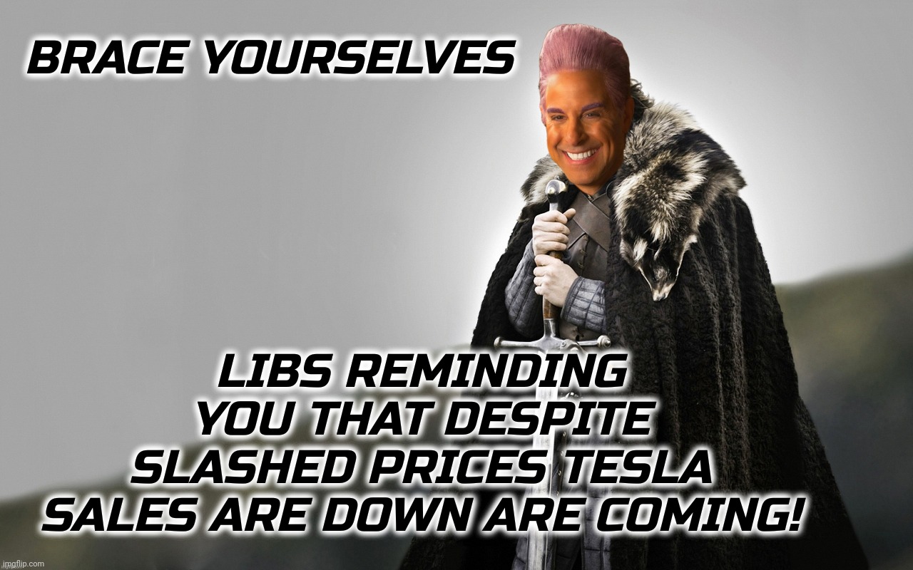 c | BRACE YOURSELVES LIBS REMINDING YOU THAT DESPITE SLASHED PRICES TESLA
SALES ARE DOWN ARE COMING! | image tagged in c | made w/ Imgflip meme maker