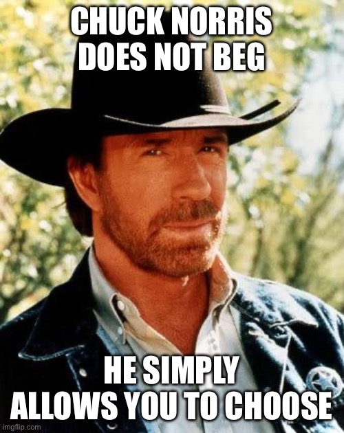 Chuck norris | CHUCK NORRIS DOES NOT BEG; HE SIMPLY ALLOWS YOU TO CHOOSE | image tagged in memes,chuck norris,allowa,you,to,chopse | made w/ Imgflip meme maker