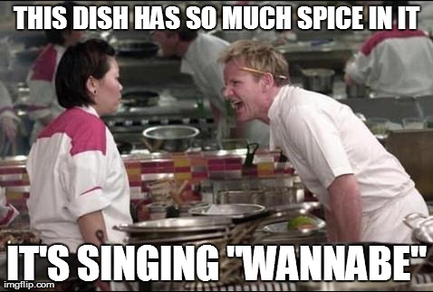 If You Wanna Be My Lover... | THIS DISH HAS SO MUCH SPICE IN IT IT'S SINGING "WANNABE" | image tagged in memes,angry chef gordon ramsay | made w/ Imgflip meme maker