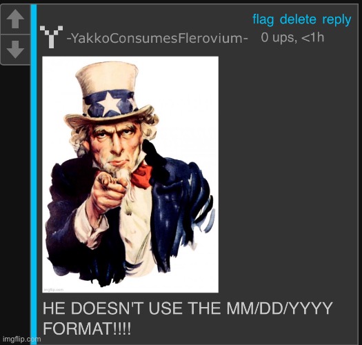 HE DOESN'T USE THE MM/DD/YYYY FORMAT!!!! | image tagged in he doesn't use the mm/dd/yyyy format | made w/ Imgflip meme maker