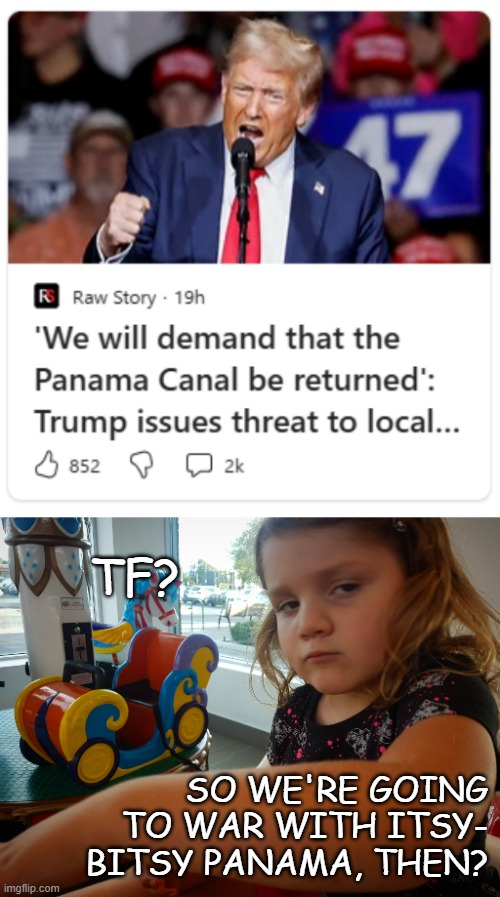 Yarrr!! I dares the Trump-cult kids to adjusts the original per-ton for inflation and compares it to today's per-ton canal fee!! | TF? SO WE'RE GOING TO WAR WITH ITSY-
BITSY PANAMA, THEN? | image tagged in not impressed,trump unfit unqualified dangerous,putin,wannabe,coward | made w/ Imgflip meme maker