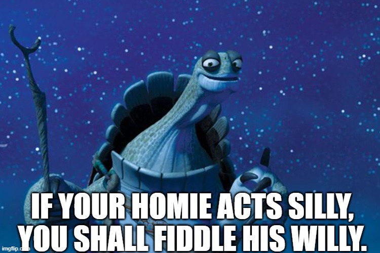 Master Oogway | IF YOUR HOMIE ACTS SILLY, YOU SHALL FIDDLE HIS WILLY. | image tagged in master oogway | made w/ Imgflip meme maker