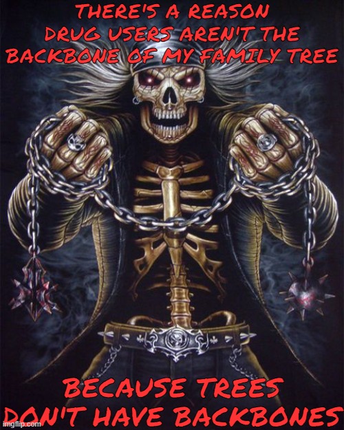 Badass Skeleton | THERE'S A REASON DRUG USERS AREN'T THE BACKBONE OF MY FAMILY TREE; BECAUSE TREES DON'T HAVE BACKBONES | made w/ Imgflip meme maker