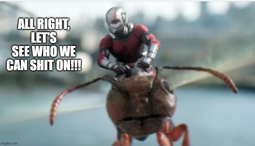 Fly Antman | ALL RIGHT, LET'S SEE WHO WE CAN SHIT ON!!! | image tagged in ant man | made w/ Imgflip meme maker