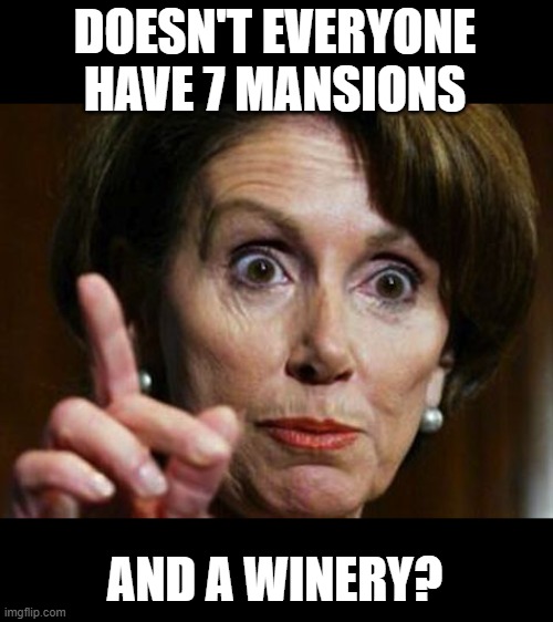 Nancy Pelosi No Spending Problem | DOESN'T EVERYONE HAVE 7 MANSIONS AND A WINERY? | image tagged in nancy pelosi no spending problem | made w/ Imgflip meme maker