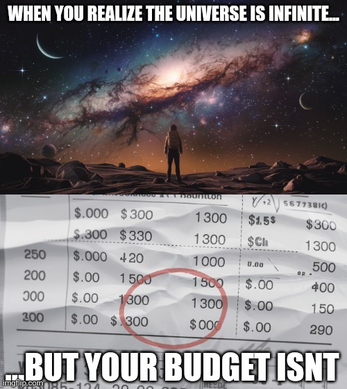 Fr bro true facts | WHEN YOU REALIZE THE UNIVERSE IS INFINITE... ...BUT YOUR BUDGET ISNT | image tagged in budget,universe | made w/ Imgflip meme maker