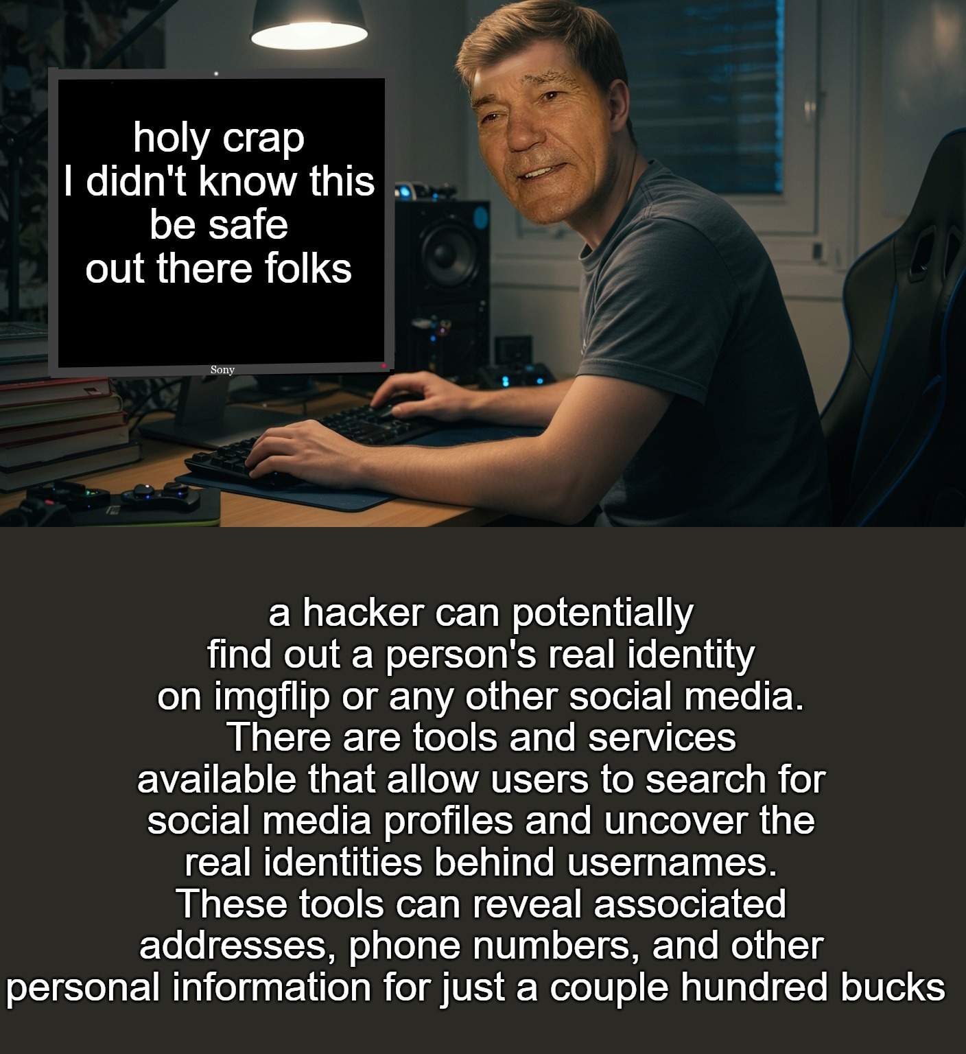 alert | holy crap I didn't know this
be safe out there folks; a hacker can potentially find out a person's real identity on imgflip or any other social media. There are tools and services available that allow users to search for social media profiles and uncover the real identities behind usernames. These tools can reveal associated addresses, phone numbers, and other personal information for just a couple hundred bucks | image tagged in kewlew at work,kewlew | made w/ Imgflip meme maker