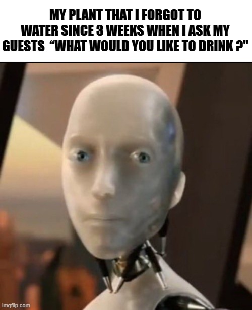 The plant | MY PLANT THAT I FORGOT TO WATER SINCE 3 WEEKS WHEN I ASK MY GUESTS  “WHAT WOULD YOU LIKE TO DRINK ?" | image tagged in i robot tesla | made w/ Imgflip meme maker