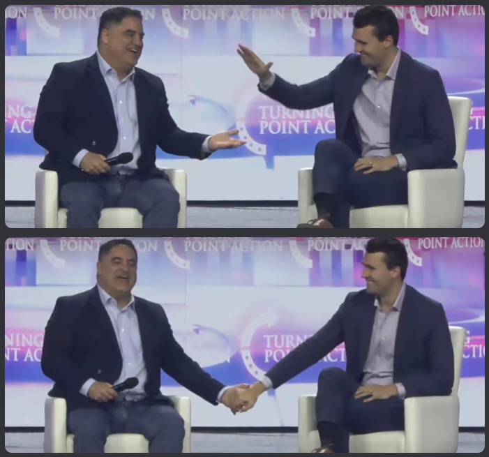 Cenk Uygur & Charlie Kirk at America Fest 2024 holding hands Blank Meme Template