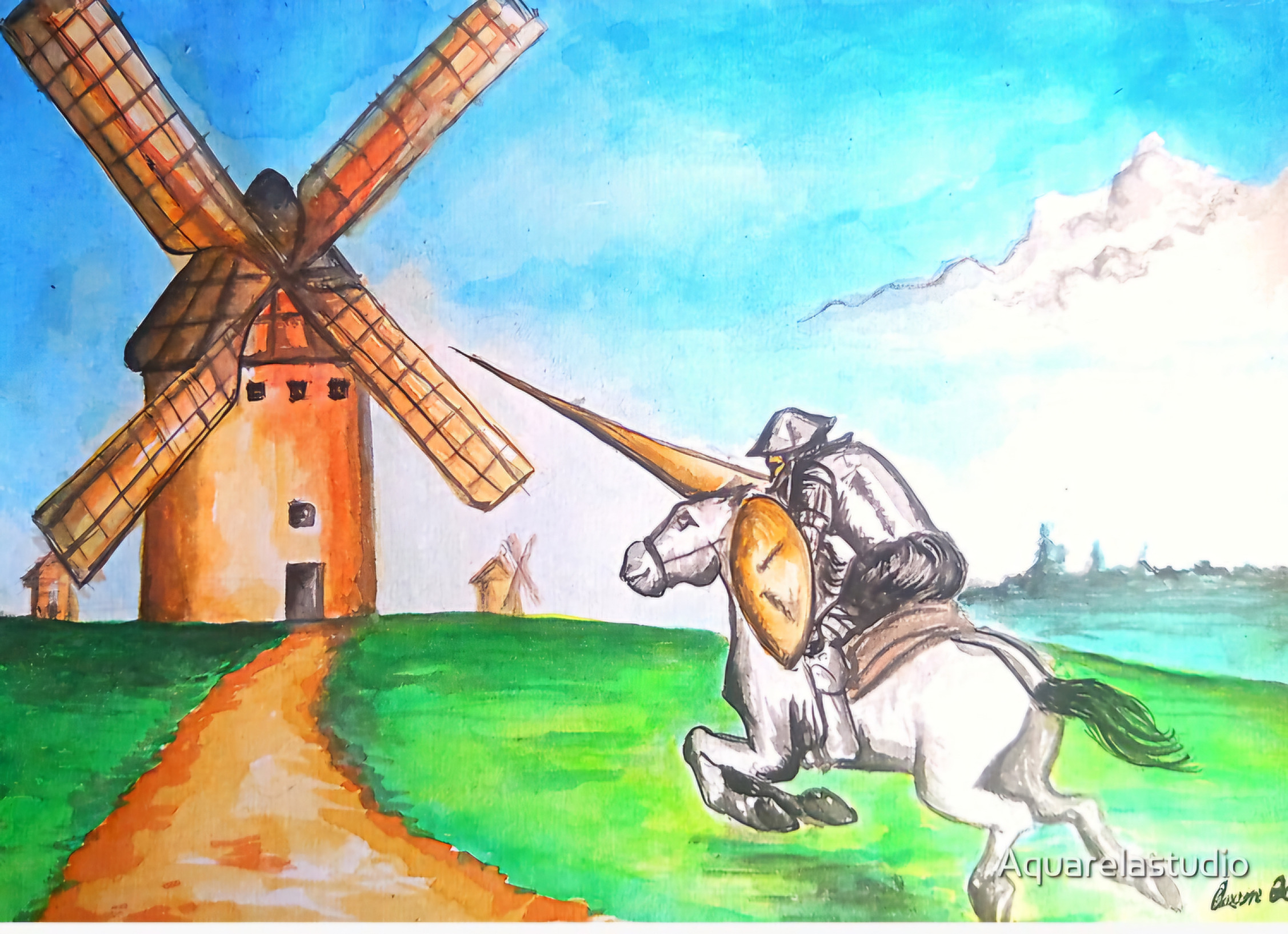 Don Quijote fighting windmills Blank Meme Template