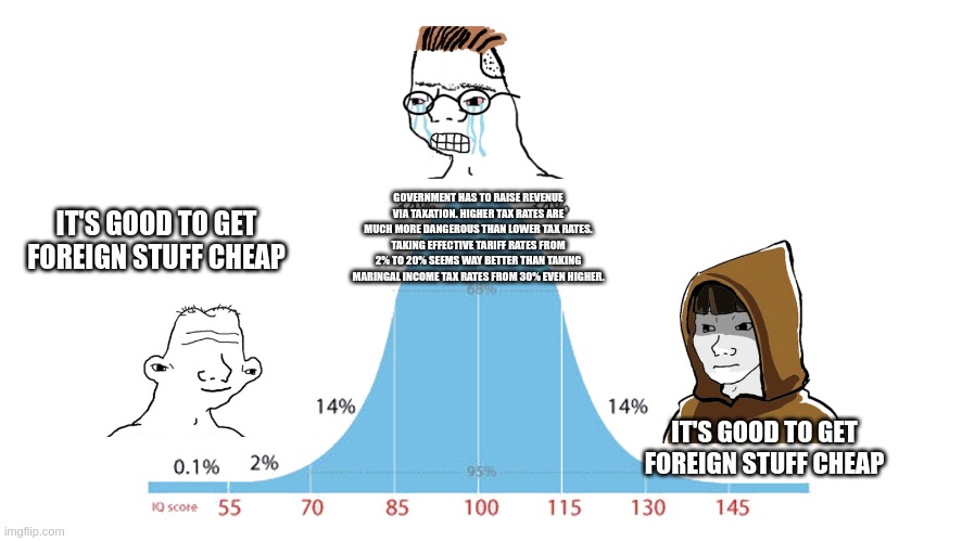 Midwit memes | GOVERNMENT HAS TO RAISE REVENUE VIA TAXATION. HIGHER TAX RATES ARE MUCH MORE DANGEROUS THAN LOWER TAX RATES. TAKING EFFECTIVE TARIFF RATES FROM 2% TO 20% SEEMS WAY BETTER THAN TAKING MARINGAL INCOME TAX RATES FROM 30% EVEN HIGHER. IT'S GOOD TO GET FOREIGN STUFF CHEAP; IT'S GOOD TO GET FOREIGN STUFF CHEAP | image tagged in midwit memes | made w/ Imgflip meme maker