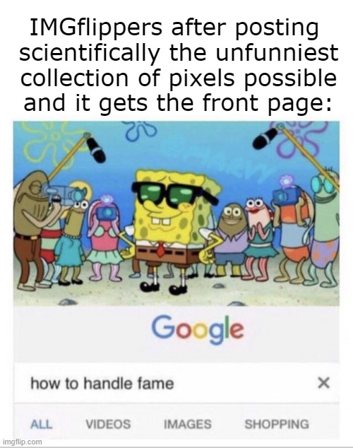 80% of these posts aren't even memes | IMGflippers after posting 

scientifically the unfunniest
 collection of pixels possible 
and it gets the front page: | image tagged in imgflip users,imgflip community | made w/ Imgflip meme maker