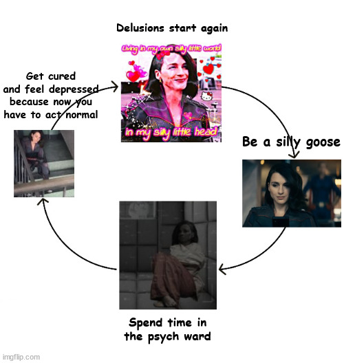 Me lore | Delusions start again; Get cured and feel depressed because now you have to act normal; Be a silly goose; Spend time in the psych ward | made w/ Imgflip meme maker