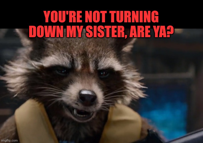 rocket racoon | YOU'RE NOT TURNING DOWN MY SISTER, ARE YA? | image tagged in rocket racoon | made w/ Imgflip meme maker