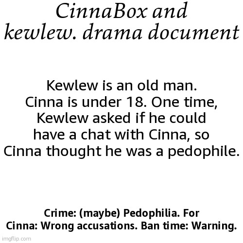 CinnaBox and kewlew. drama document; Kewlew is an old man. Cinna is under 18. One time, Kewlew asked if he could have a chat with Cinna, so Cinna thought he was a pedophile. Crime: (maybe) Pedophilia. For Cinna: Wrong accusations. Ban time: Warning. | image tagged in drama document | made w/ Imgflip meme maker