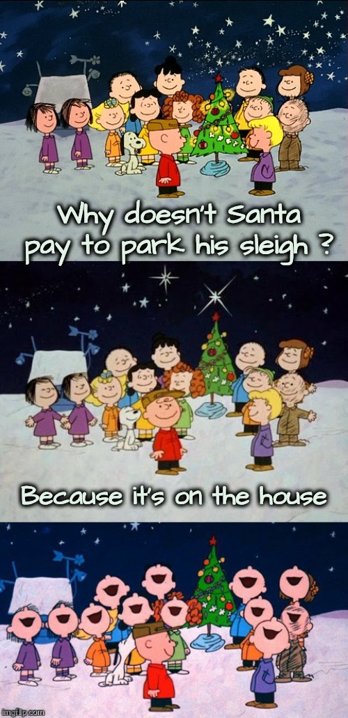 A Charlie Brown Christmas Pun  | Why doesn't Santa pay to park his sleigh ? Because it's on the house | image tagged in a charlie brown christmas pun | made w/ Imgflip meme maker