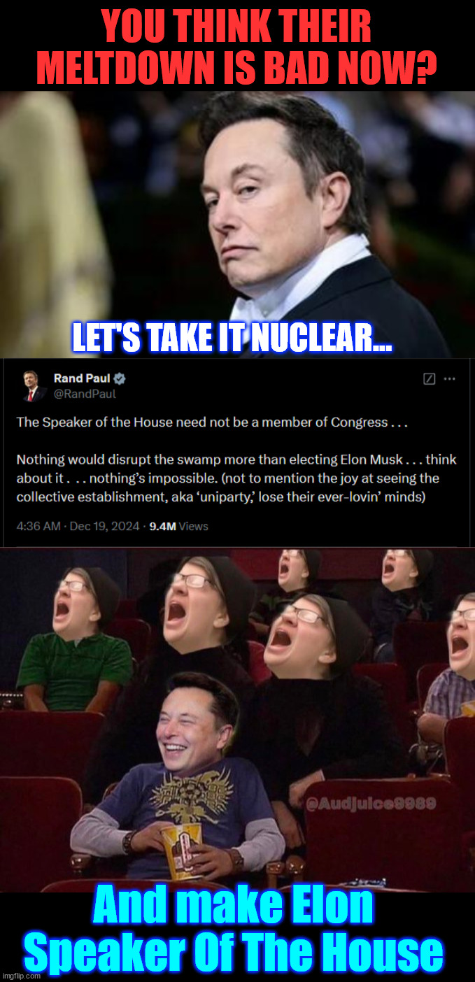 Elon Musk... Next Speaker Of The House | YOU THINK THEIR MELTDOWN IS BAD NOW? LET'S TAKE IT NUCLEAR... And make Elon Speaker Of The House | image tagged in elon musk,next,soth | made w/ Imgflip meme maker