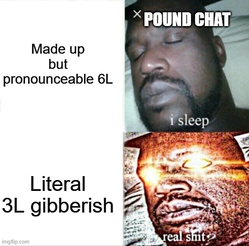 Sleeping Shaq Meme | Made up but pronounceable 6L; POUND CHAT; Literal 3L gibberish | image tagged in memes,sleeping shaq | made w/ Imgflip meme maker