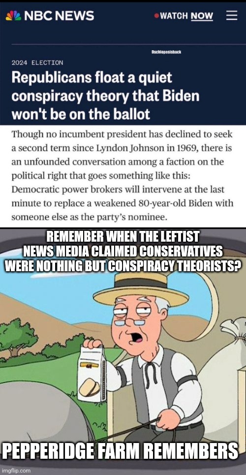 Most of the conspiracies aren't really conspiracies. A conspiracy is a claim that has very little basis in reality. | REMEMBER WHEN THE LEFTIST NEWS MEDIA CLAIMED CONSERVATIVES WERE NOTHING BUT CONSPIRACY THEORISTS? PEPPERIDGE FARM REMEMBERS | image tagged in memes,pepperidge farm remembers,democrats,media,joe biden | made w/ Imgflip meme maker