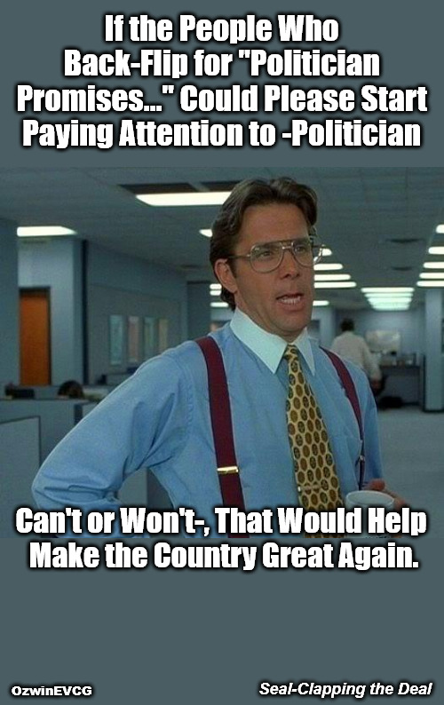 Seal-Clapping the Deal | If the People Who 

Back-Flip for "Politician 

Promises..." Could Please Start 

Paying Attention to -Politician; Can't or Won't-, That Would Help 

Make the Country Great Again. Seal-Clapping the Deal; OzwinEVCG | image tagged in memes,that would be great,goldfish memories,short attention span,occupied usa,invasion of the mind snatchers | made w/ Imgflip meme maker
