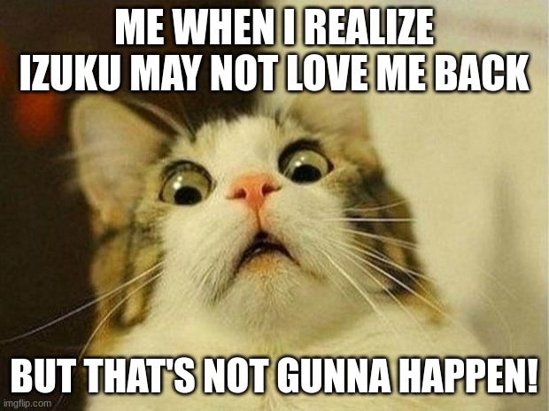 My izuku is life | ME WHEN I REALIZE IZUKU MAY NOT LOVE ME BACK; BUT THAT'S NOT GUNNA HAPPEN! | image tagged in memes,scared cat,mha,anime,himiko toga,deku | made w/ Imgflip meme maker