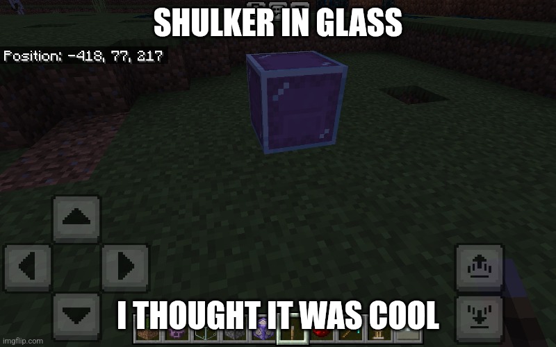 [Title not found] | SHULKER IN GLASS; I THOUGHT IT WAS COOL | image tagged in shulker in glass,he is stuc,shove things into glass block | made w/ Imgflip meme maker