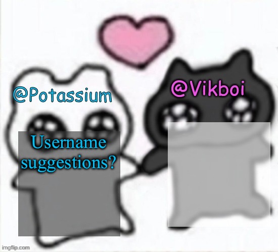 Potassium and Vikboi shared announcement template | Username suggestions? | image tagged in potassium and vikboi shared announcement template | made w/ Imgflip meme maker