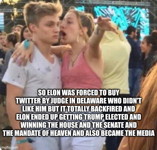 Girlspaining | SO ELON WAS FORCED TO BUY TWITTER BY JUDGE IN DELAWARE WHO DIDN'T LIKE HIM BUT IT TOTALLY BACKFIRED AND ELON ENDED UP GETTING TRUMP ELECTED AND WINNING THE HOUSE AND THE SENATE AND THE MANDATE OF HEAVEN AND ALSO BECAME THE MEDIA | image tagged in girlspaining | made w/ Imgflip meme maker