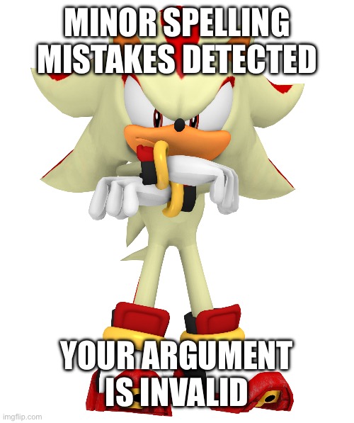 Minor spelling mistake, I win | MINOR SPELLING MISTAKES DETECTED YOUR ARGUMENT IS INVALID | image tagged in minor spelling mistake i win | made w/ Imgflip meme maker