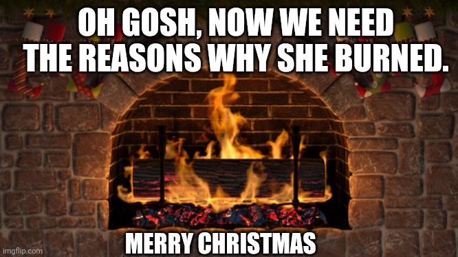 Yule log | MERRY CHRISTMAS OH GOSH, NOW WE NEED THE REASONS WHY SHE BURNED. | image tagged in yule log | made w/ Imgflip meme maker