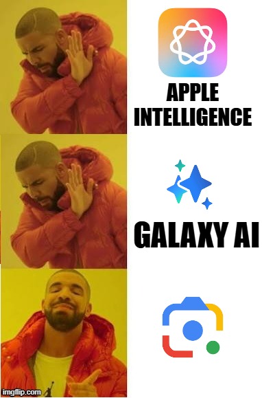 drake no no yes | APPLE INTELLIGENCE; GALAXY AI | image tagged in drake no no yes | made w/ Imgflip meme maker