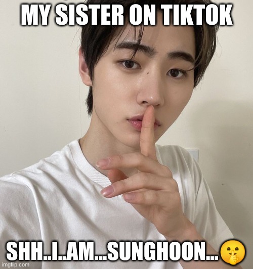 sunghoon outsold | MY SISTER ON TIKTOK; SHH..I..AM...SUNGHOON...🤫 | image tagged in sunghoon outsold | made w/ Imgflip meme maker